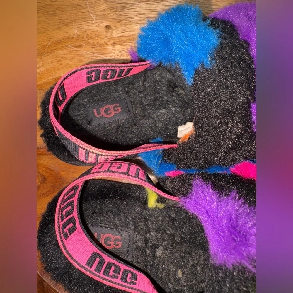 UGG Fluff Yeah Party Spots Fur Lined Slippers Sandals w/ Strap Toddlers Sz 9